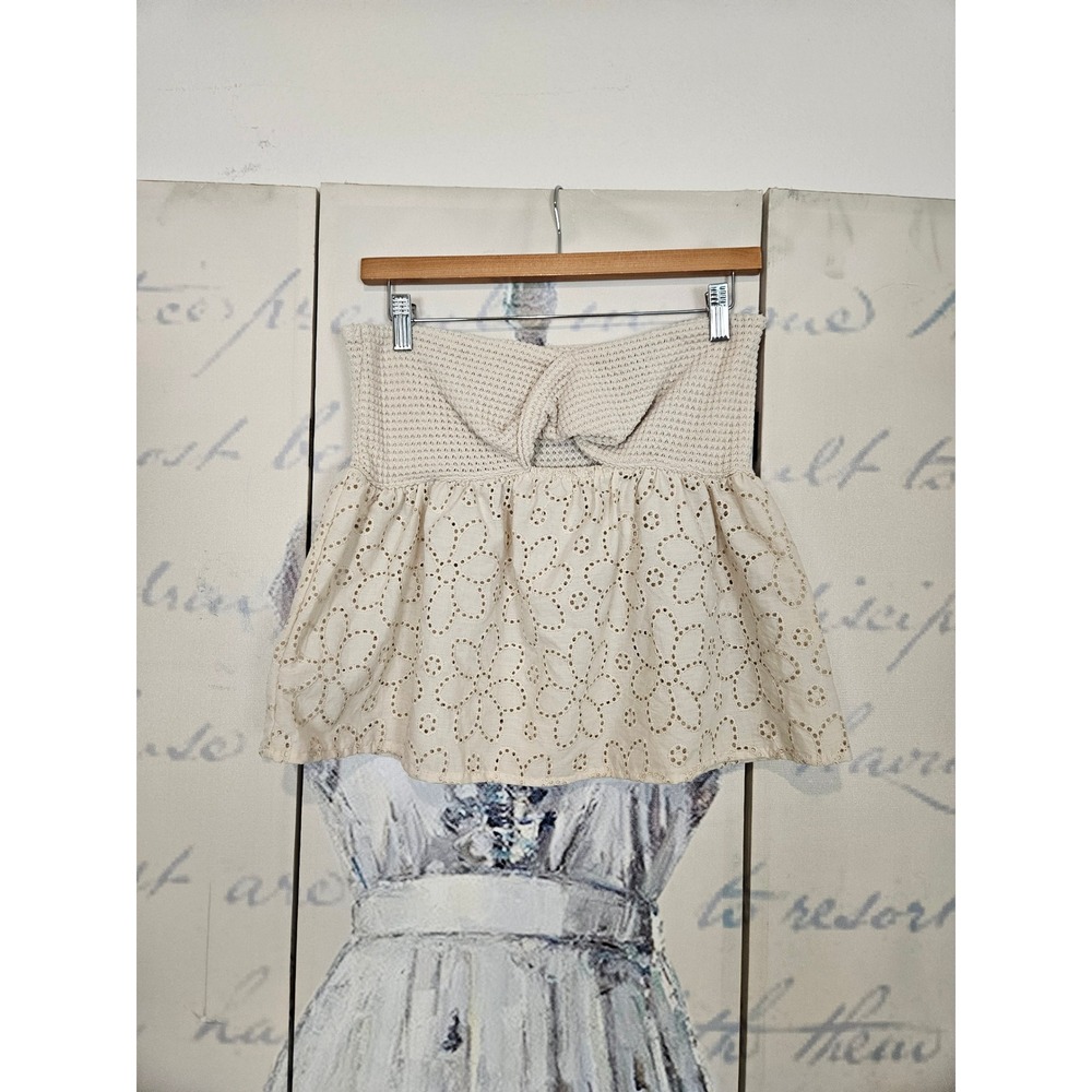 Unbranded Eyelet Peplum Tube Top Large Beige Strapless Smocked Boho Cottagecore